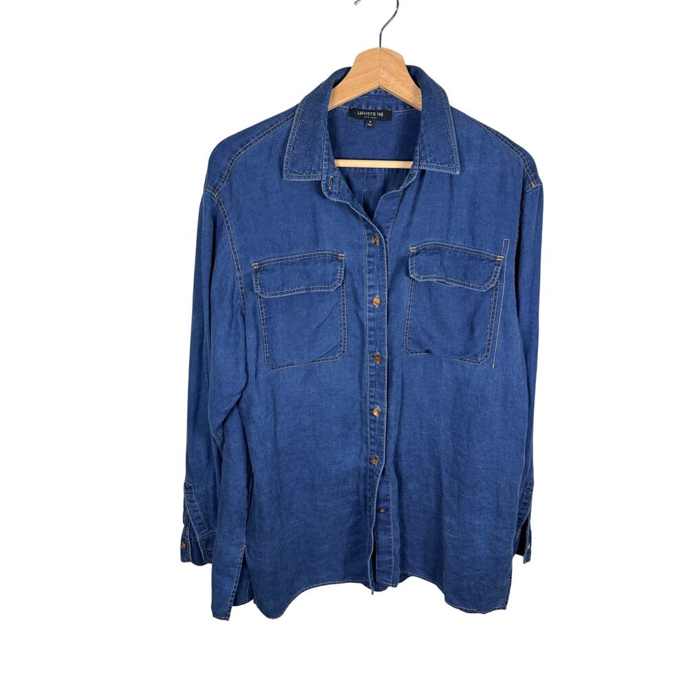 Lafayette 148 Blue Linen Denim look Button Down LS Sz Small